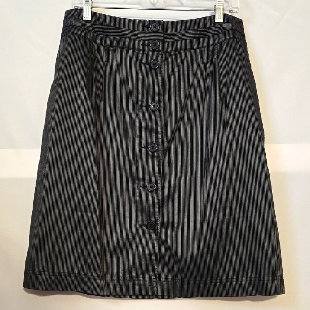 Talbots, Skirt, Sz 14, Black, Silver, Striped, Pockets, Buttons, Cotton, Linen